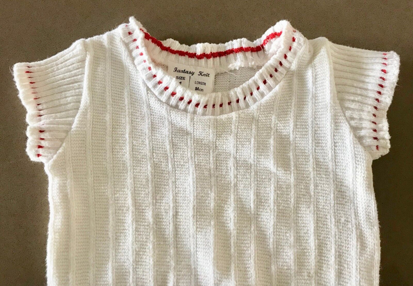 Vintage Baby 1970s FANTASY KNIT Top Vest White Red Trim Cotton Short Sleeve Sz 1