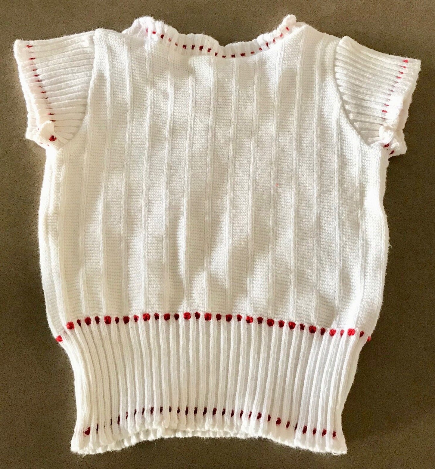 Vintage Baby 1970s FANTASY KNIT Top Vest White Red Trim Cotton Short Sleeve Sz 1