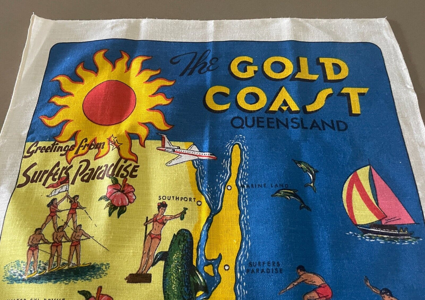 Tea Towel Vintage Souvenir  GOLD COAST Queensland Coast Water Sports Print NEW
