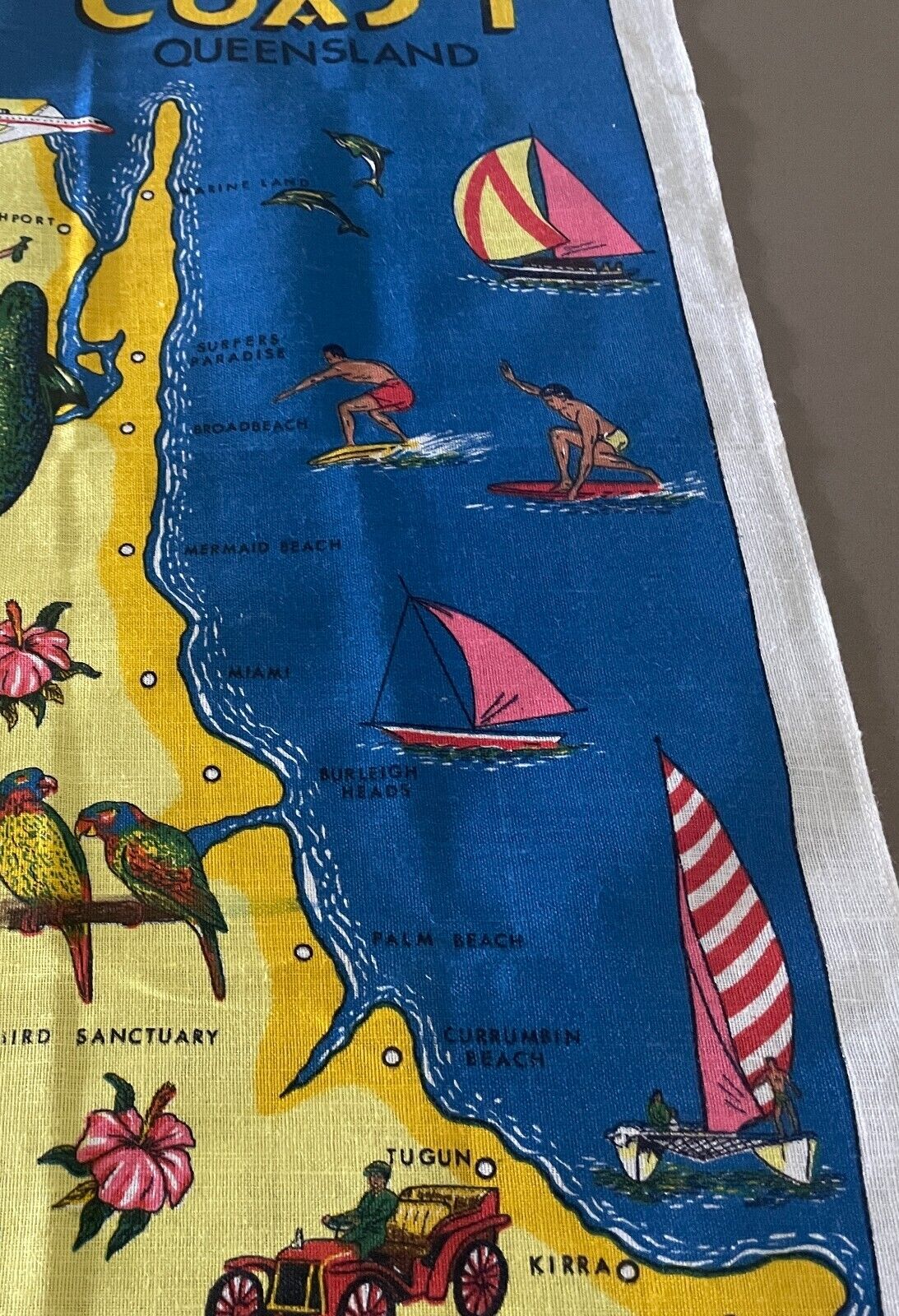 Tea Towel Vintage Souvenir  GOLD COAST Queensland Coast Water Sports Print NEW