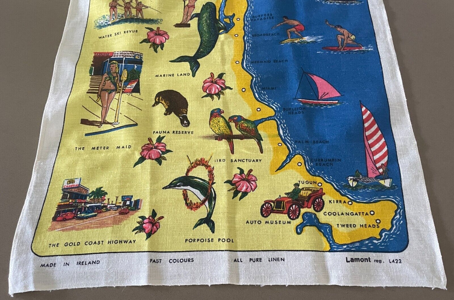 Tea Towel Vintage Souvenir  GOLD COAST Queensland Coast Water Sports Print NEW