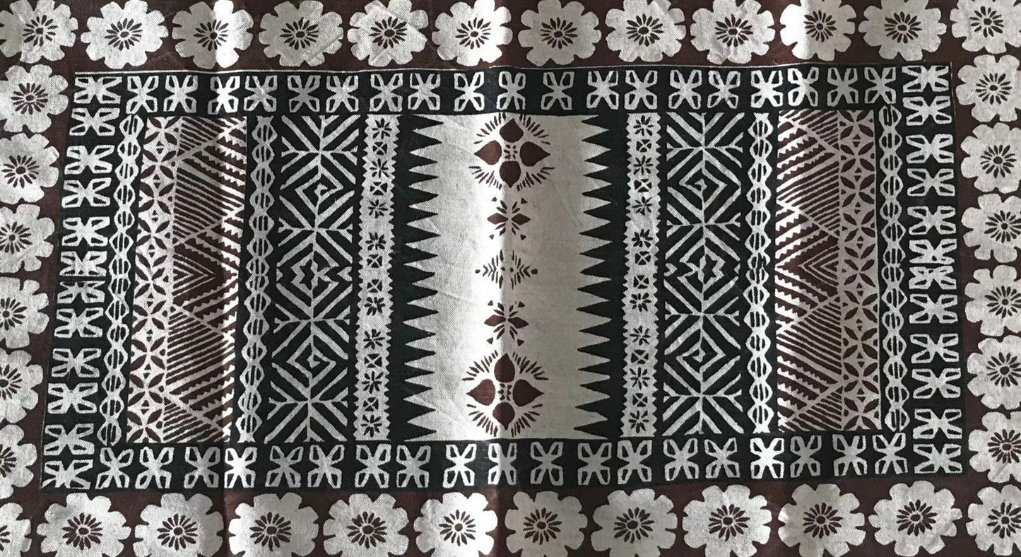 New Vintage Tea Towel Pure Linen TRIBAL FIJI Beige Brown & Black Batik Print #1