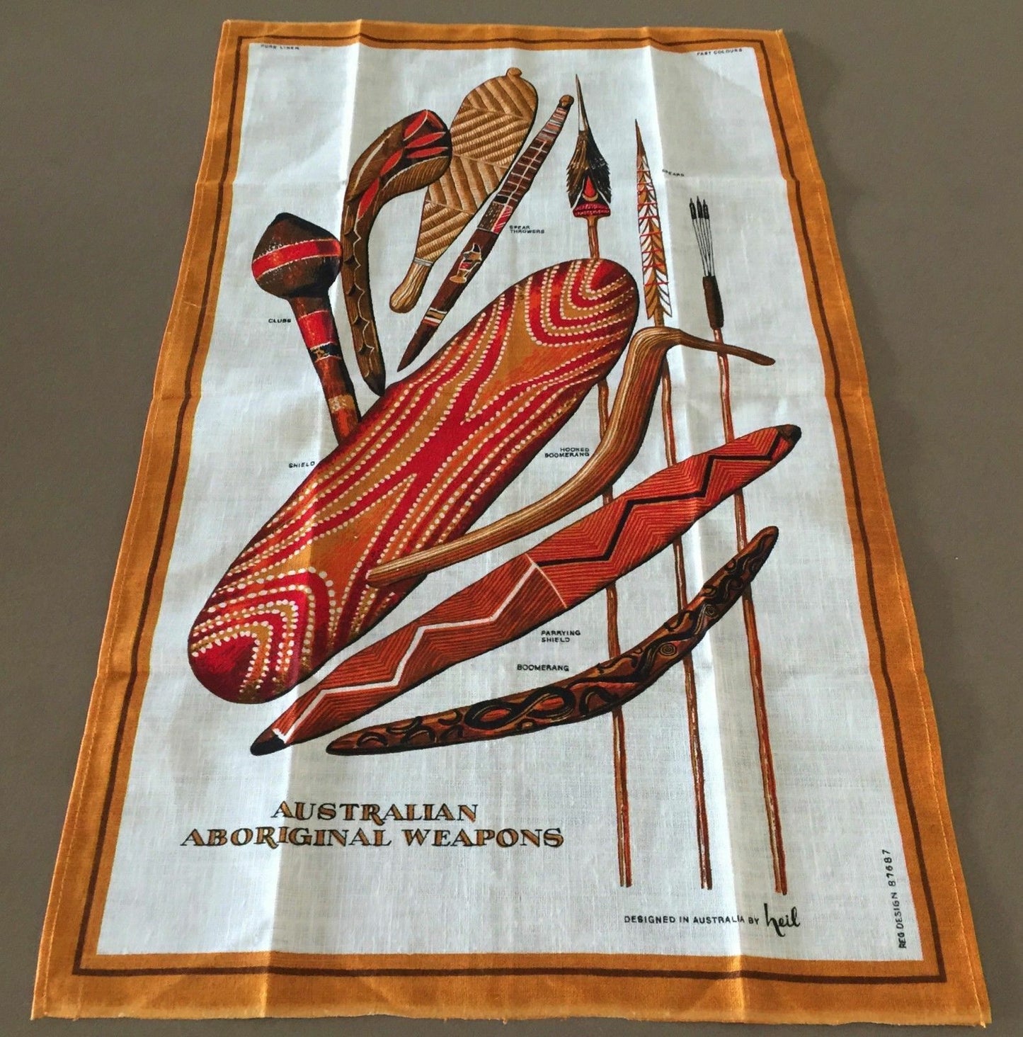 Tea Towel Pure Linen "AUSTRALIAN ABORIGINAL WEAPONS" Print Souvenir NEW