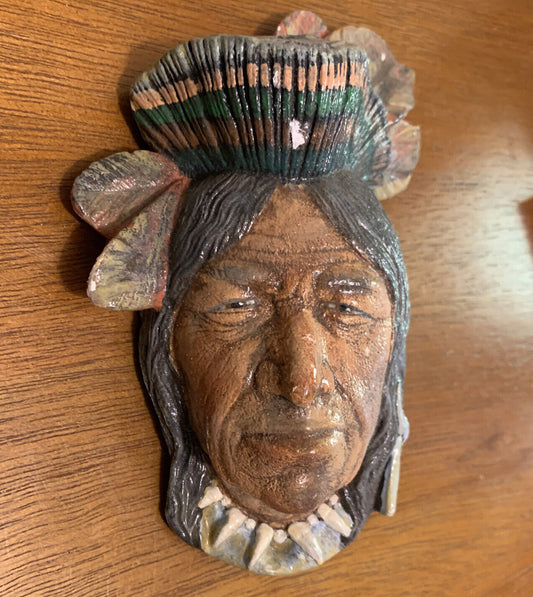 Indian Chief Rustic Vintage CHALKWARE 17cm Head Wall Art Ready To Hang