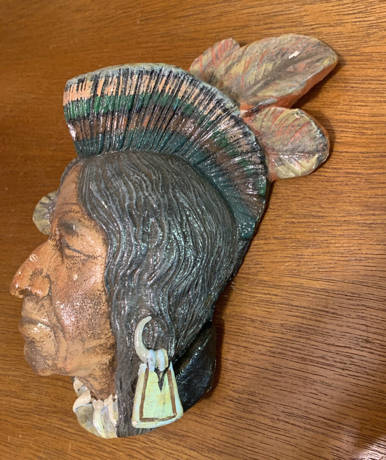 Indian Chief Rustic Vintage CHALKWARE 17cm Head Wall Art Ready To Hang