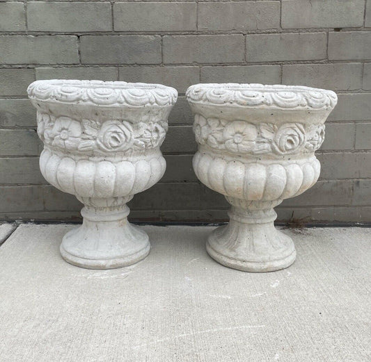 Pair CONCRETE POTS Hand Cast White Ornate Pedestal Urns Planter Garden 43.5cm