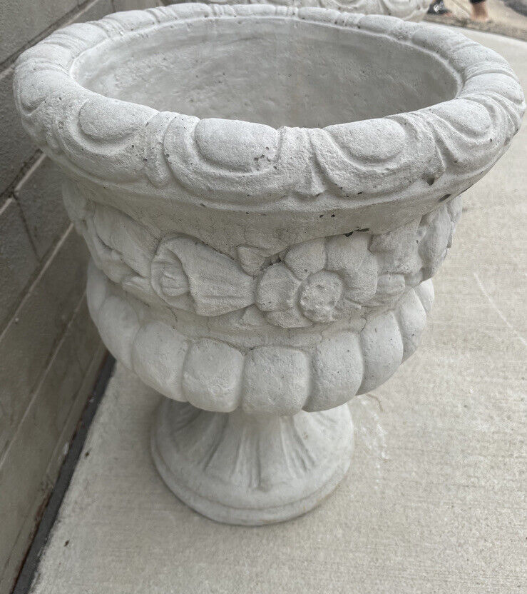 Pair CONCRETE POTS Hand Cast White Ornate Pedestal Urns Planter Garden 43.5cm