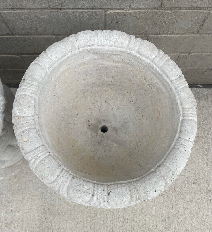 Pair CONCRETE POTS Hand Cast White Ornate Pedestal Urns Planter Garden 43.5cm