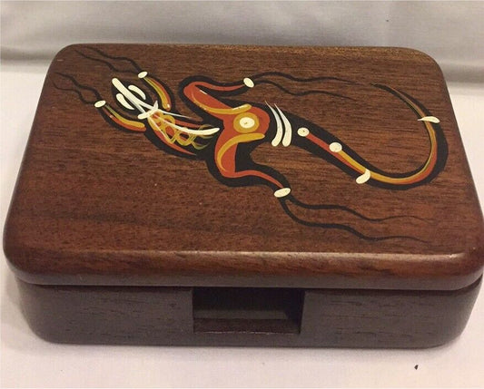 Vintage PLAYING CARD BOX 11cm HANDPAINTED indigenous IGUANA GOANNA hinged lid