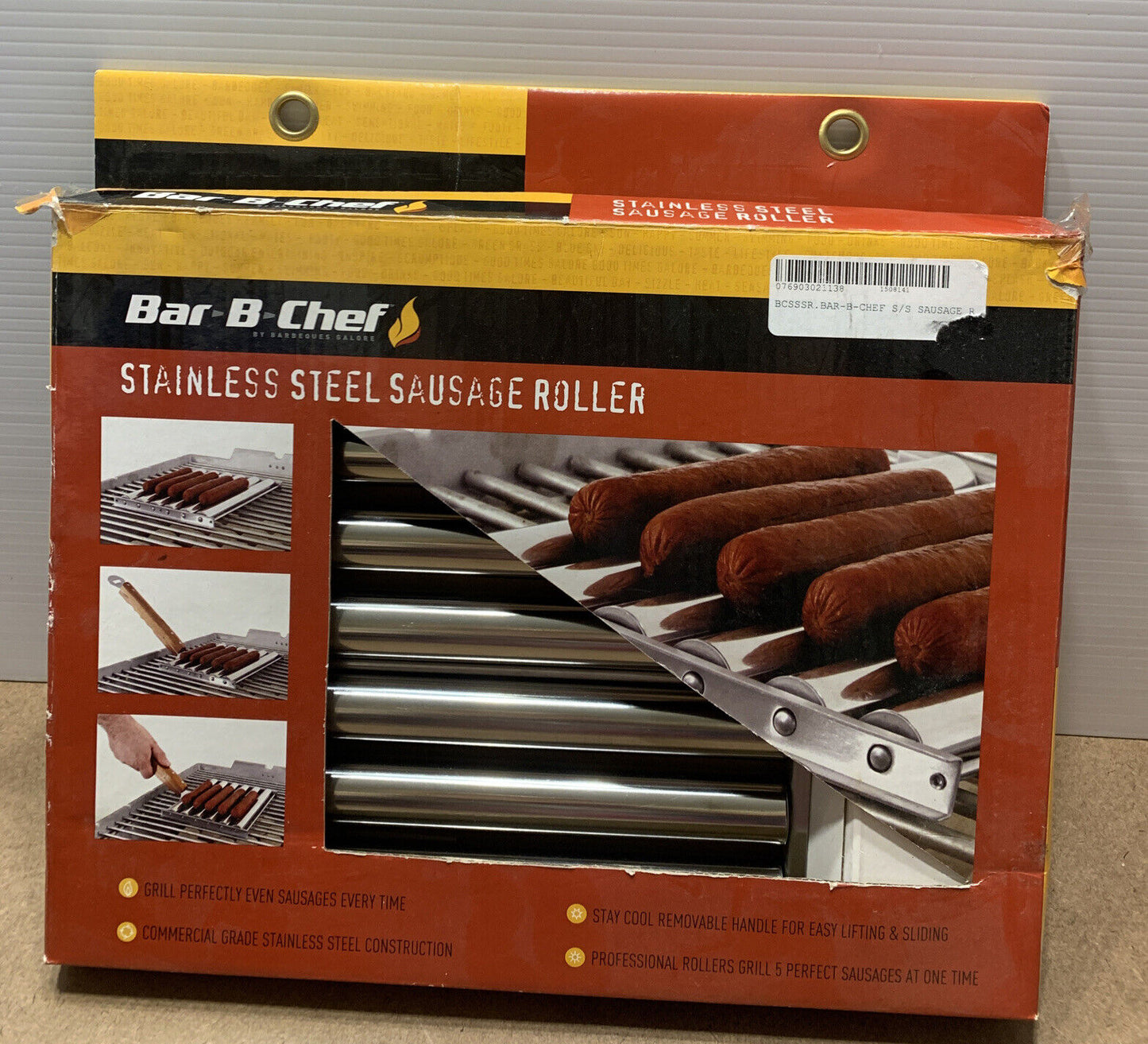 BAR B CHEF Sausage Roller Long Wood Handle Hot Dog Rack Grill Stand BBQ GRILL