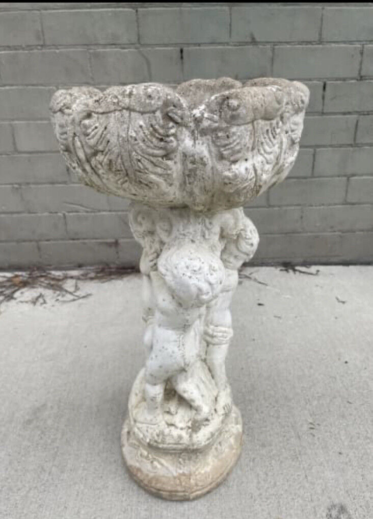 Vintage CONCRETE Fountain BIRD BATH Planter 3 Cupids Pedestal & Bowl AE161 80cm
