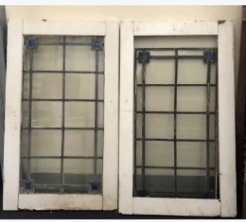 Rustic Leadlight  Panels x 2 Vintage Federation in Timber Window Frames British