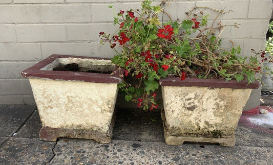 Pair CONCRETE POTS Rustic Vintage 28 x 35cm White Red Planter Garden Urn w Feet