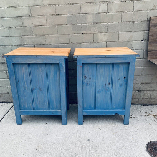 BEDSIDE TABLES Pair Duck Blue Pine Wood Coastal Hampton Country Tongue & groove