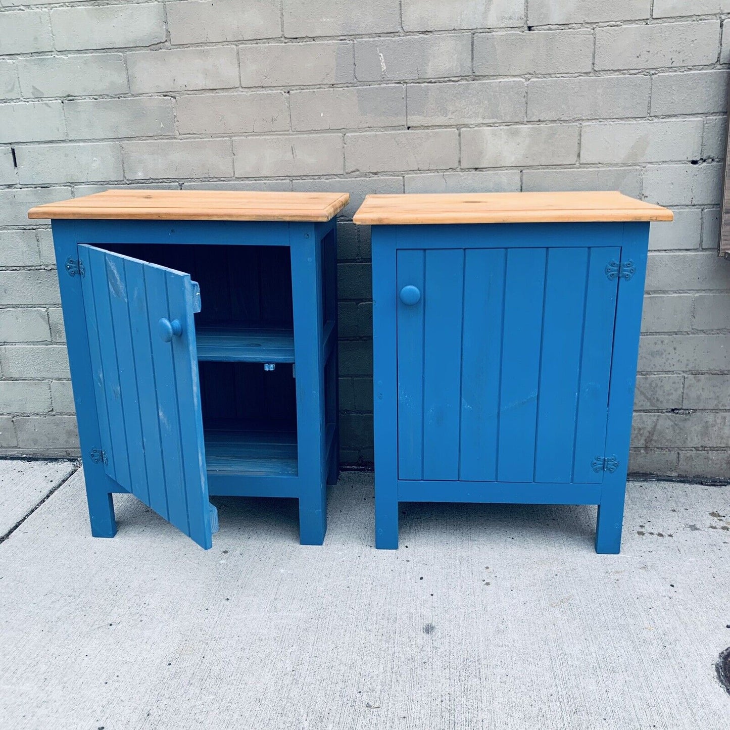 BEDSIDE TABLES Pair Duck Blue Pine Wood Coastal Hampton Country Tongue & groove