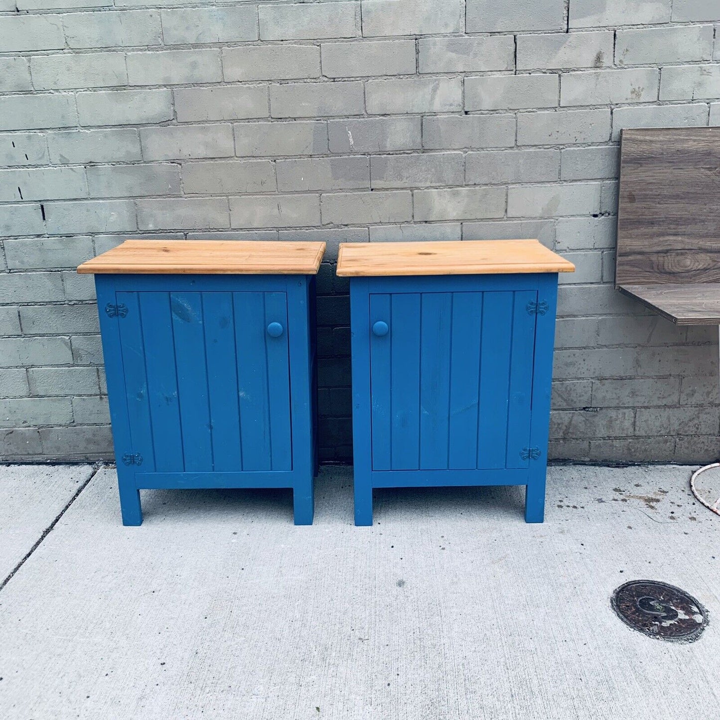 BEDSIDE TABLES Pair Duck Blue Pine Wood Coastal Hampton Country Tongue & groove