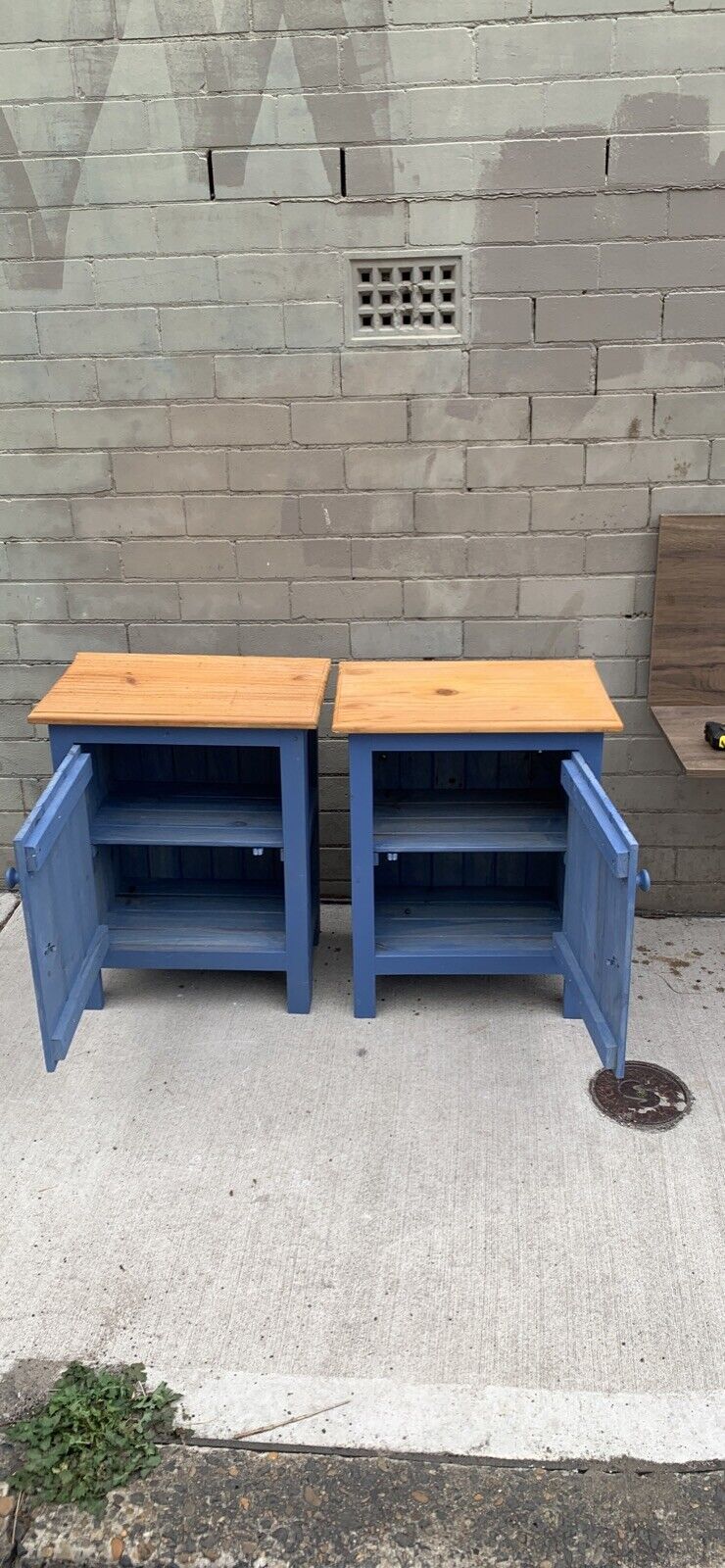 BEDSIDE TABLES Pair Duck Blue Pine Wood Coastal Hampton Country Tongue & groove