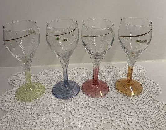 WINE GLASSES 4 LINEA QUATTRO Coloured Tall Stem w Gold Swirl Set Italy