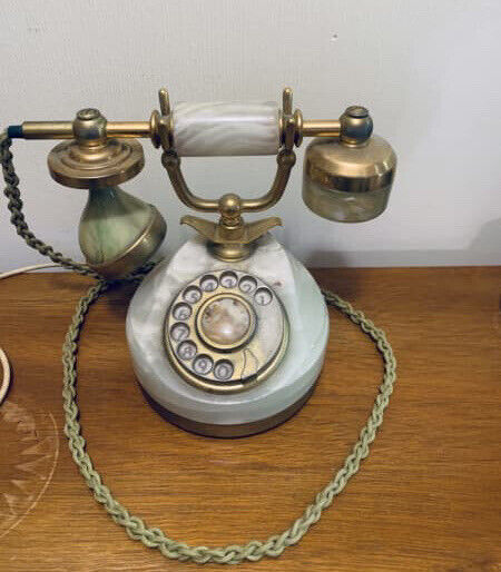 Vintage Rotary Telephone TELCER Italy Onyx Marble & 18k Gold Hardware Plug Desk