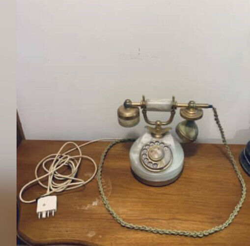 Vintage Rotary Telephone TELCER Italy Onyx Marble & 18k Gold Hardware Plug Desk