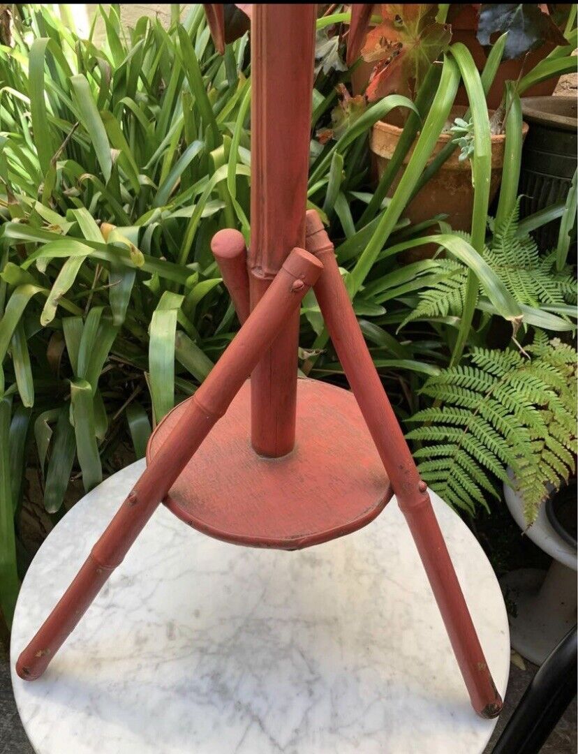 Bamboo Cane Coat Hat Stand Antique 1920s Stand Original Muted Red Paint Vintage