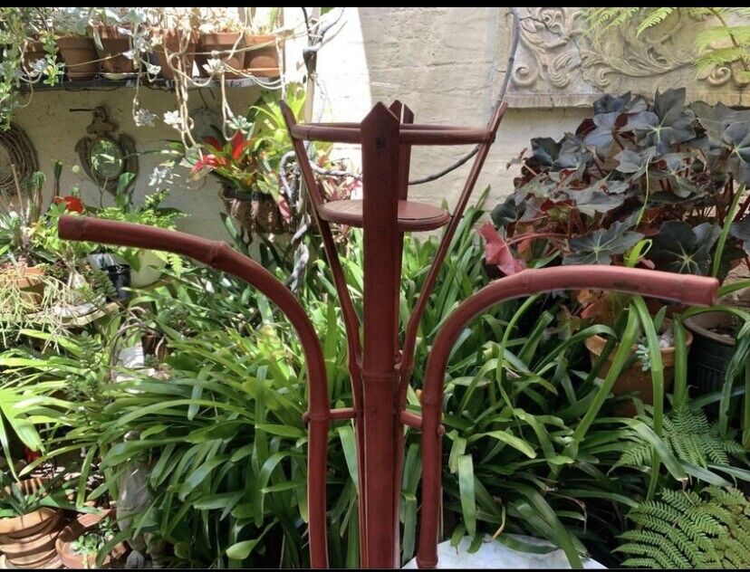 Bamboo Cane Coat Hat Stand Antique 1920s Stand Original Muted Red Paint Vintage