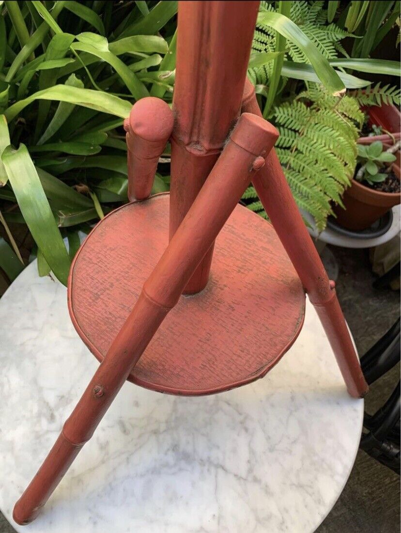 Bamboo Cane Coat Hat Stand Antique 1920s Stand Original Muted Red Paint Vintage