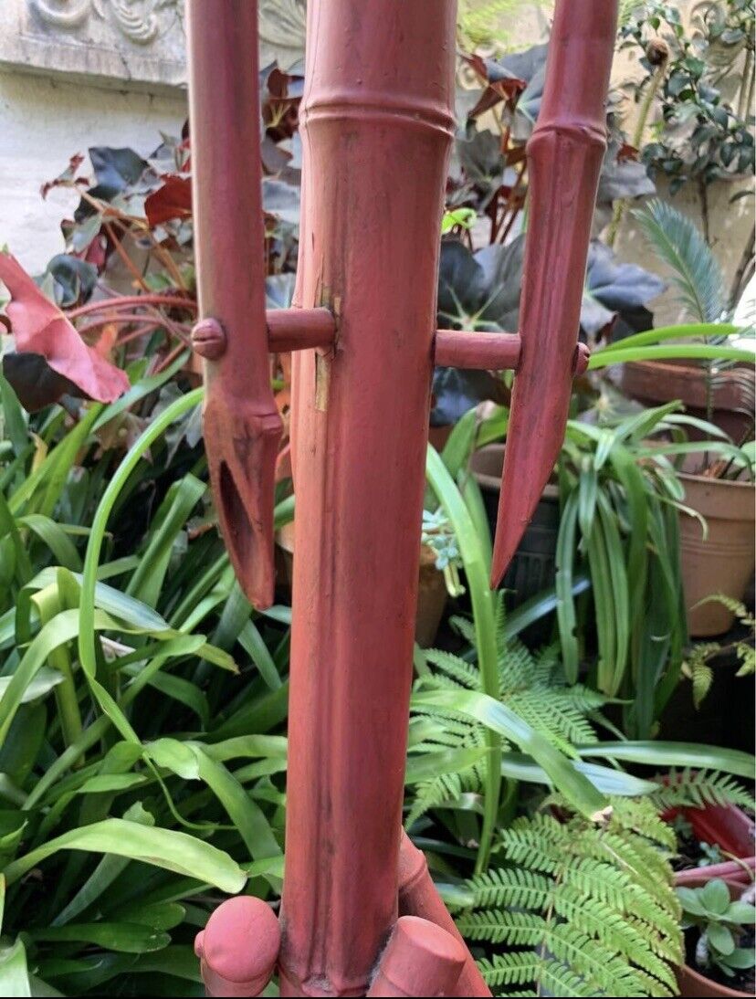 Bamboo Cane Coat Hat Stand Antique 1920s Stand Original Muted Red Paint Vintage