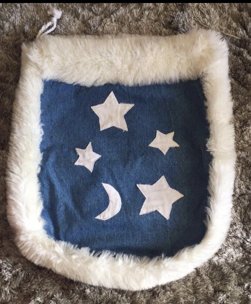 PET POUCH Drawstring Bag Blue Denim Faux Fur Trim White Stars Storage Unused