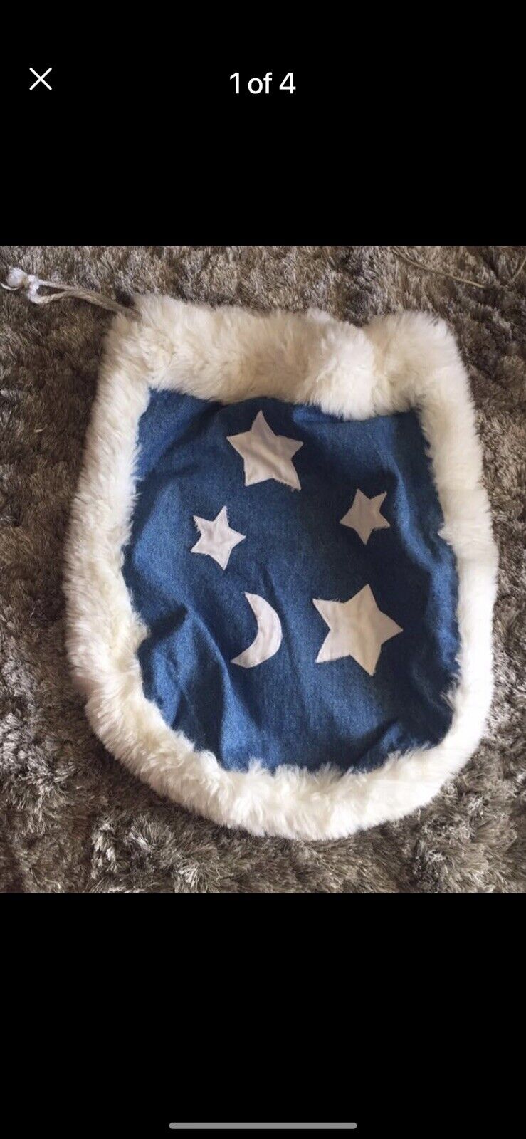 PET POUCH Drawstring Bag Blue Denim Faux Fur Trim White Stars Storage Unused
