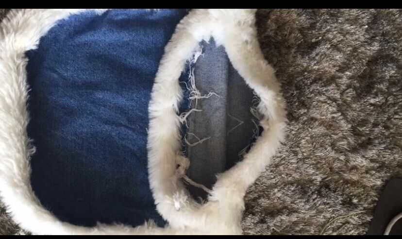 PET POUCH Drawstring Bag Blue Denim Faux Fur Trim White Stars Storage Unused