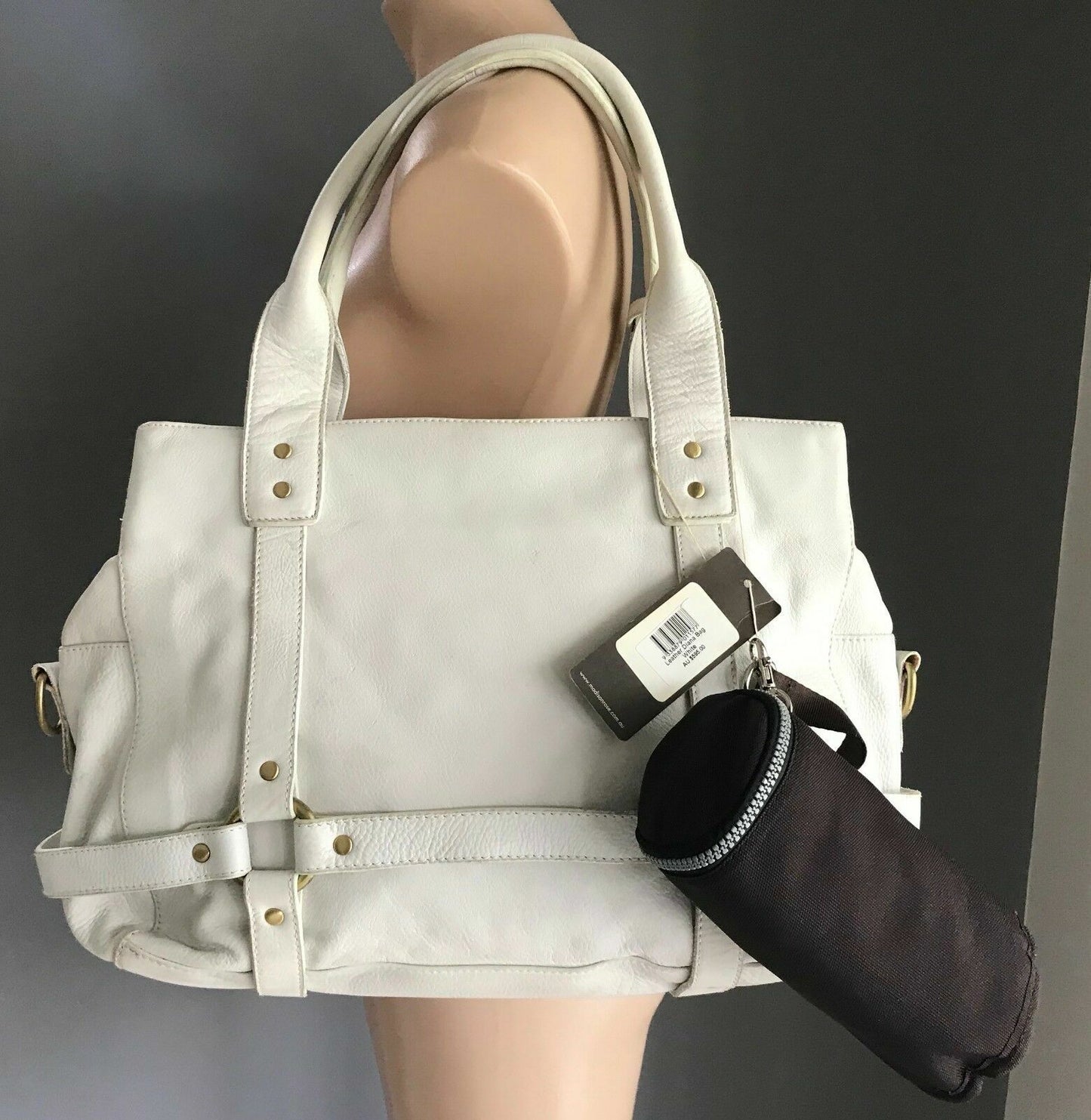 Baby Nappy Bag MADISON ROSE "Diana" White Leather w Change Mat & Bottle Bag