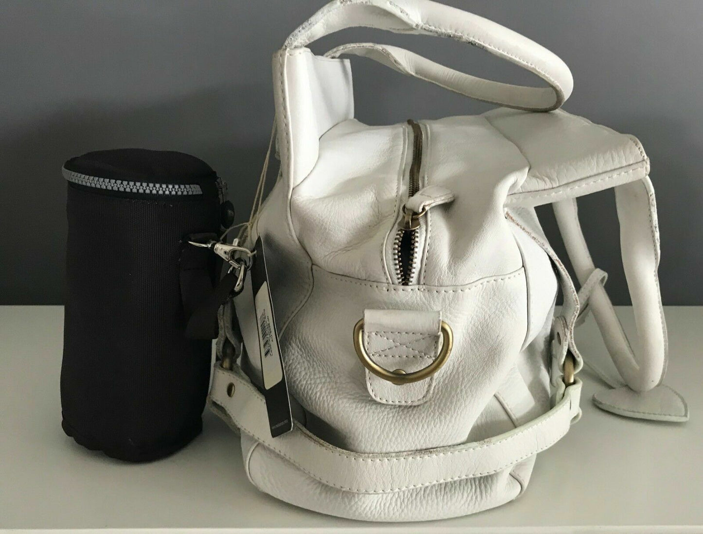 Baby Nappy Bag MADISON ROSE "Diana" White Leather w Change Mat & Bottle Bag