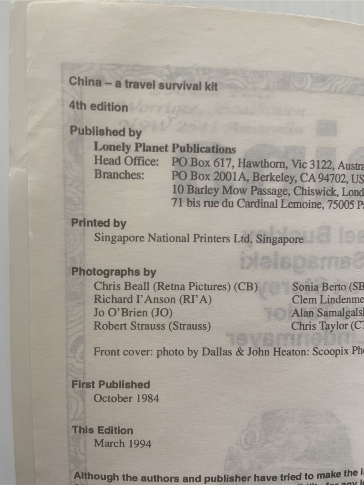PB CHINA Lonely Planet Travel Survival Kit Alan Samagalski Michael Buckley 1994