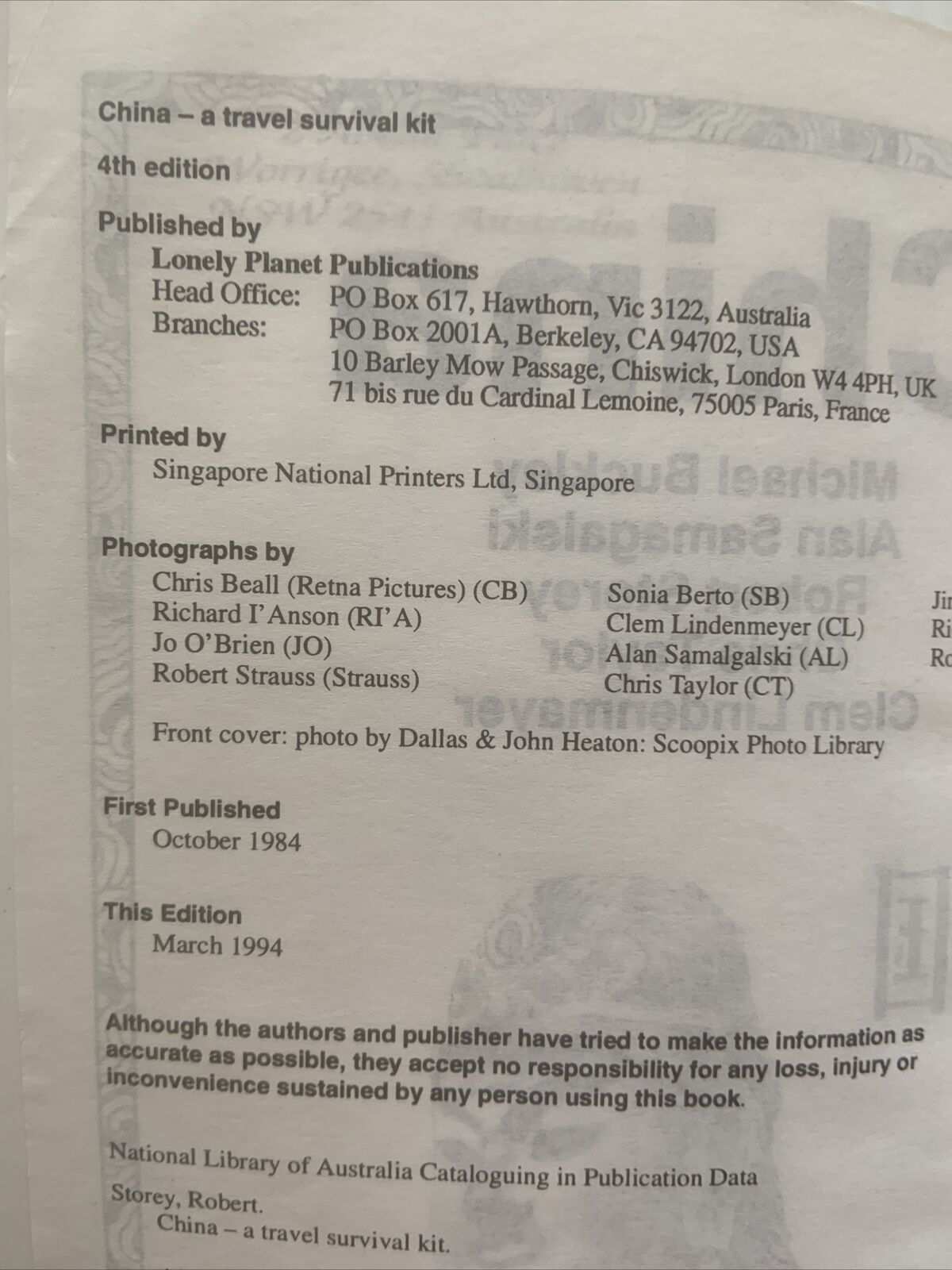 PB CHINA Lonely Planet Travel Survival Kit Alan Samagalski Michael Buckley 1994