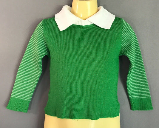 Vintage Knit Jumper 1970's Childs Green & White Collar  Acrylic Unisex Size 2