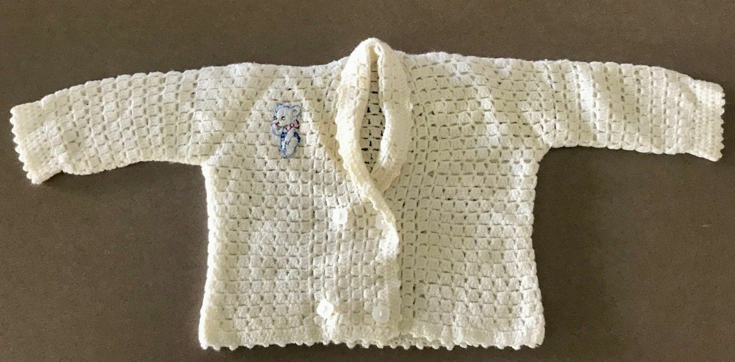 Cardigan w Teddy Bear Motif Vintage 1960's 1970's Hand Made Cream Knit - Newborn