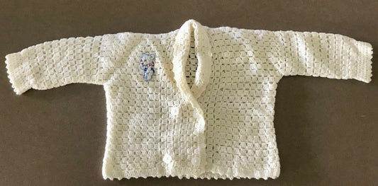 Cardigan w Teddy Bear Motif Vintage 1960's 1970's Hand Made Cream Knit - Newborn
