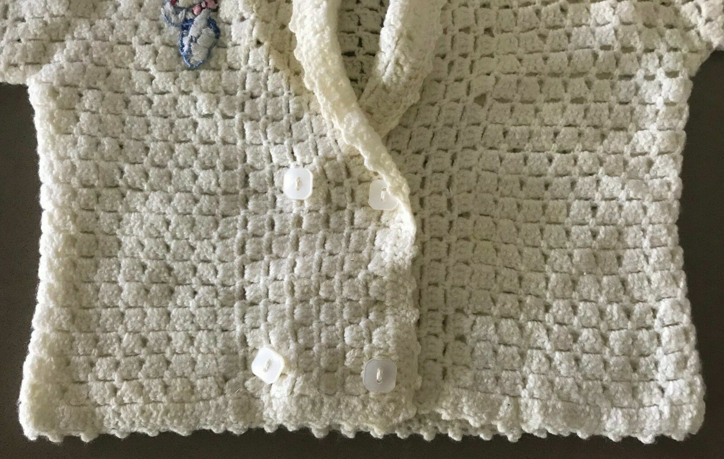 Cardigan w Teddy Bear Motif Vintage 1960's 1970's Hand Made Cream Knit - Newborn