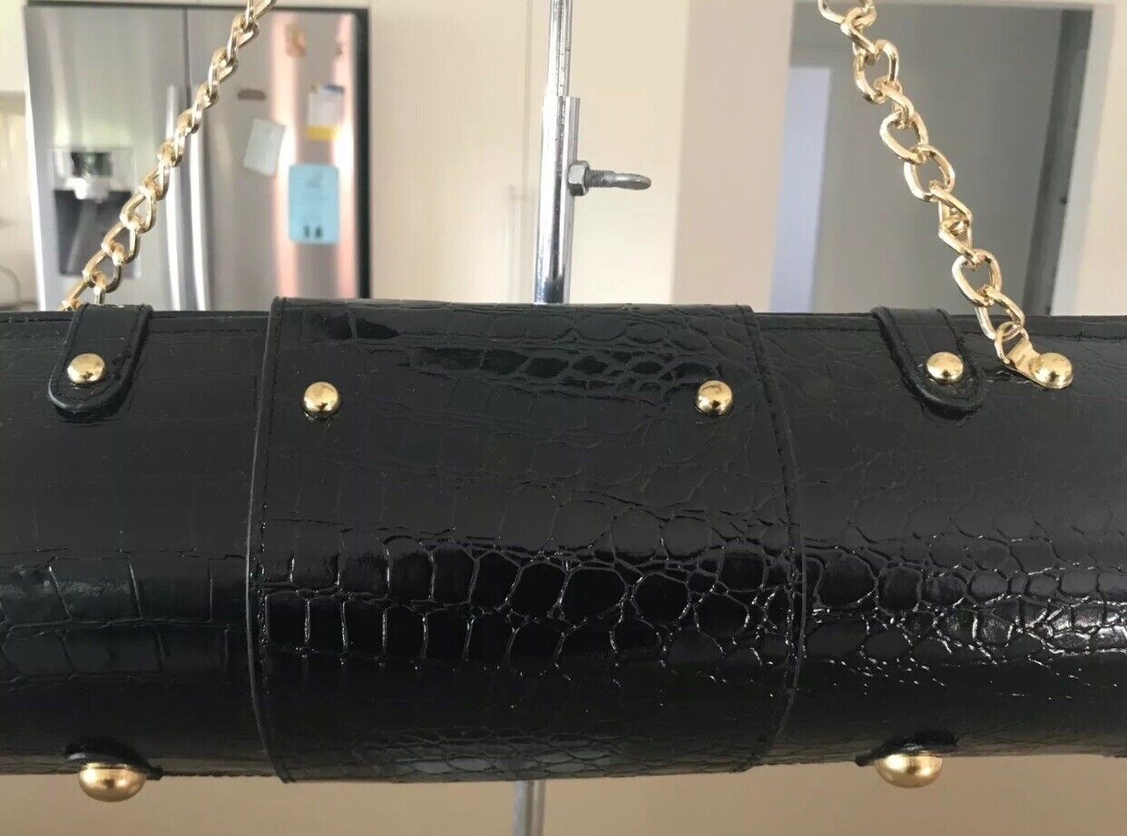 PICNIC AT ASCOT Wine Bottle Carrier Purse Corkscrew Black Pleather HardCase Croc