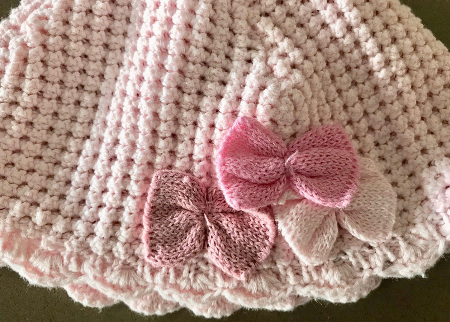 Vintage Knit Beanie PUDDLE DUCKLINGS Pink Crochet  w Bow Trim Girls Size S