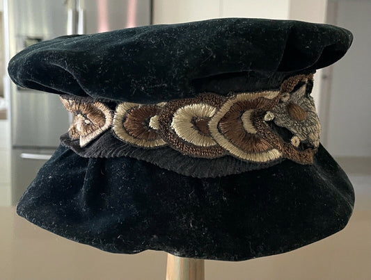 Vintage Ornamental Doll Hat Black Velour Cloche Style Hat w Floral Ribbon Trim