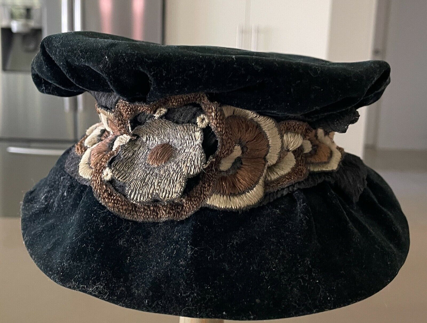 Vintage Ornamental Doll Hat Black Velour Cloche Style Hat w Floral Ribbon Trim