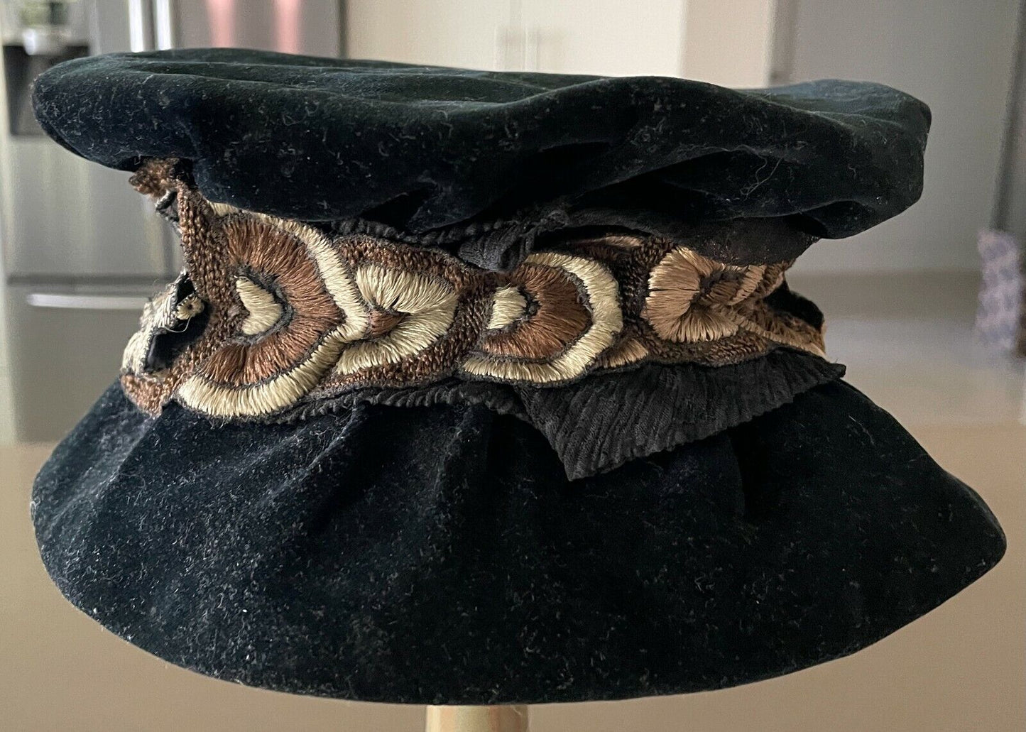 Vintage Ornamental Doll Hat Black Velour Cloche Style Hat w Floral Ribbon Trim