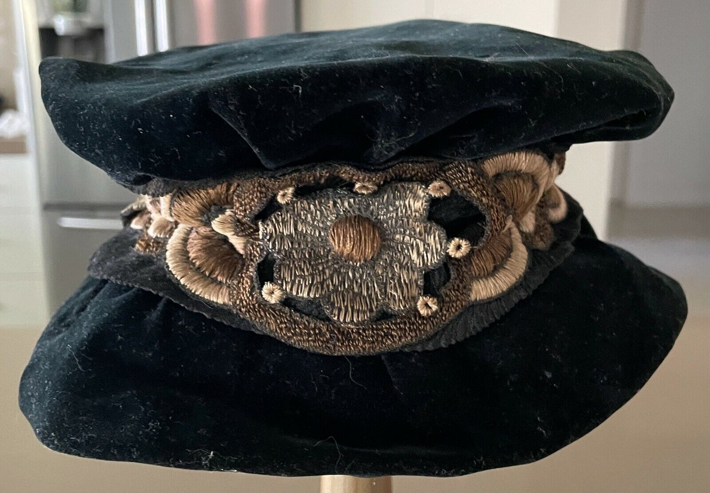 Vintage Ornamental Doll Hat Black Velour Cloche Style Hat w Floral Ribbon Trim