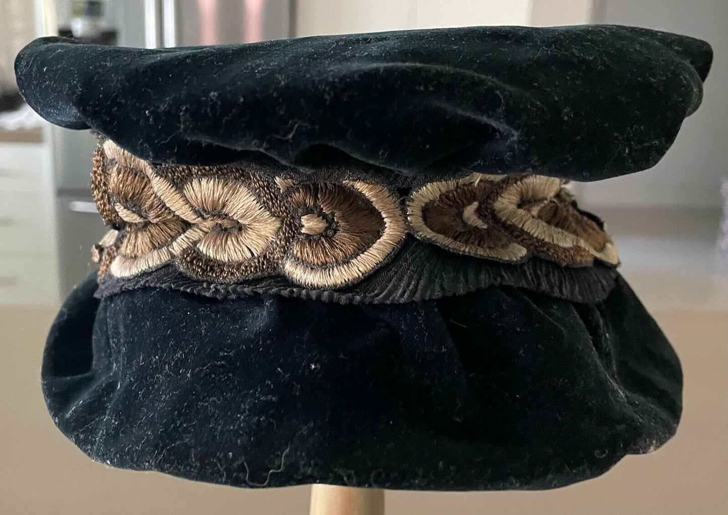 Vintage Ornamental Doll Hat Black Velour Cloche Style Hat w Floral Ribbon Trim