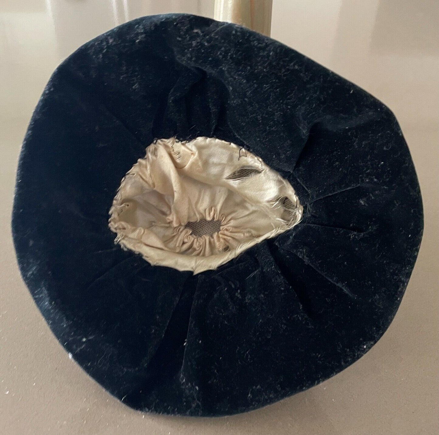 Vintage Ornamental Doll Hat Black Velour Cloche Style Hat w Floral Ribbon Trim