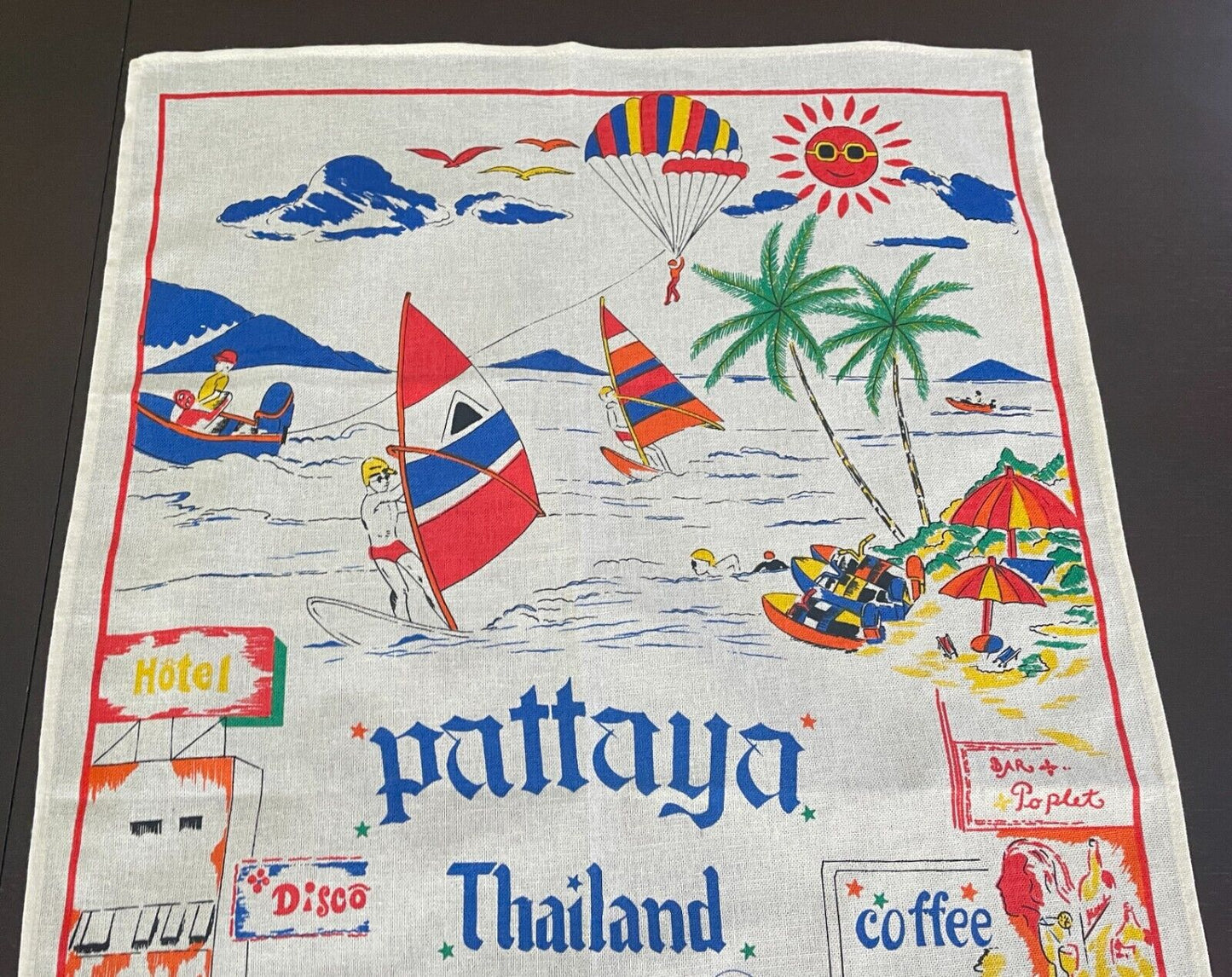 Tea Towel Souvenir PATTAYA THAILAND Food Hand Printed Souvenir Linen Cotton NEW