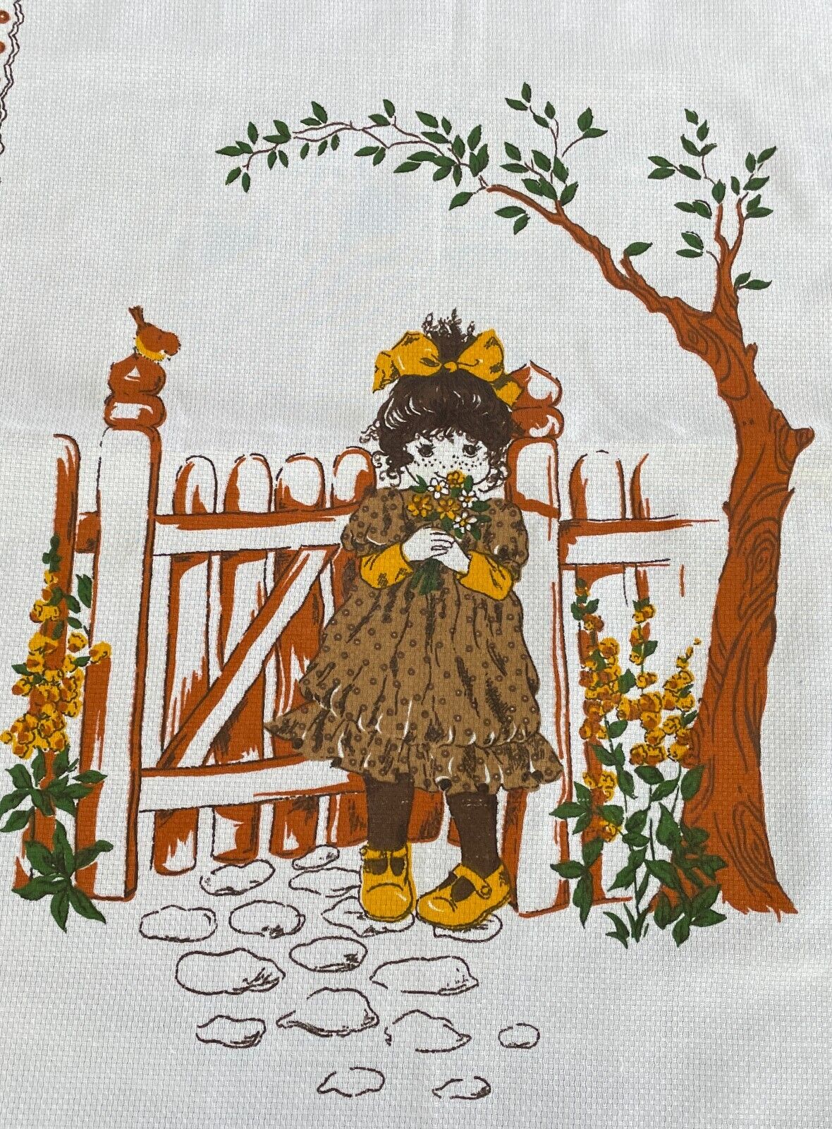 Vintage Tea Towel PollyAnna Girl Garden Print Cotton Light Brown NEW