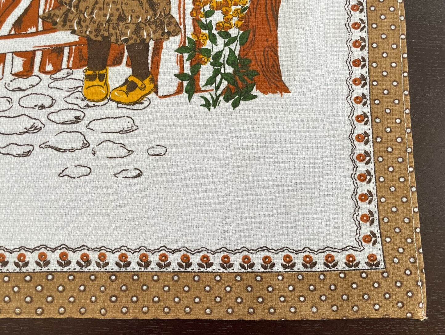 Vintage Tea Towel PollyAnna Girl Garden Print Cotton Light Brown NEW
